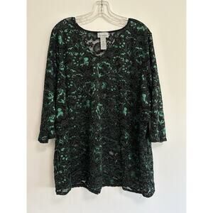 Catherines‎ Blouse Size 2X 22 24 W Green Lace Black Floral 3/4 Sleeves